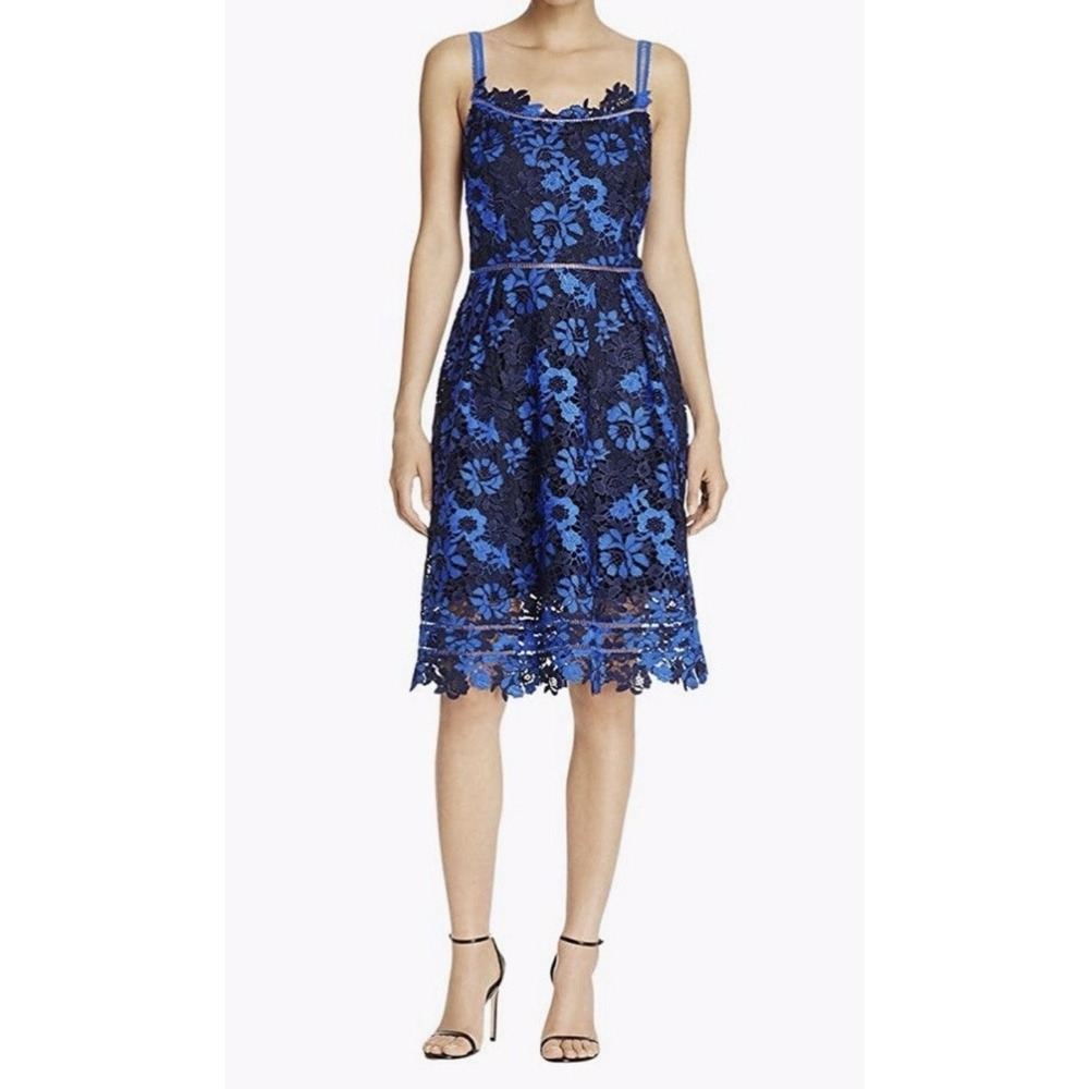 T Tahari Lucille Floral Lace Dress Sz 8 Blue Black Embroidery Jagged Hem Party